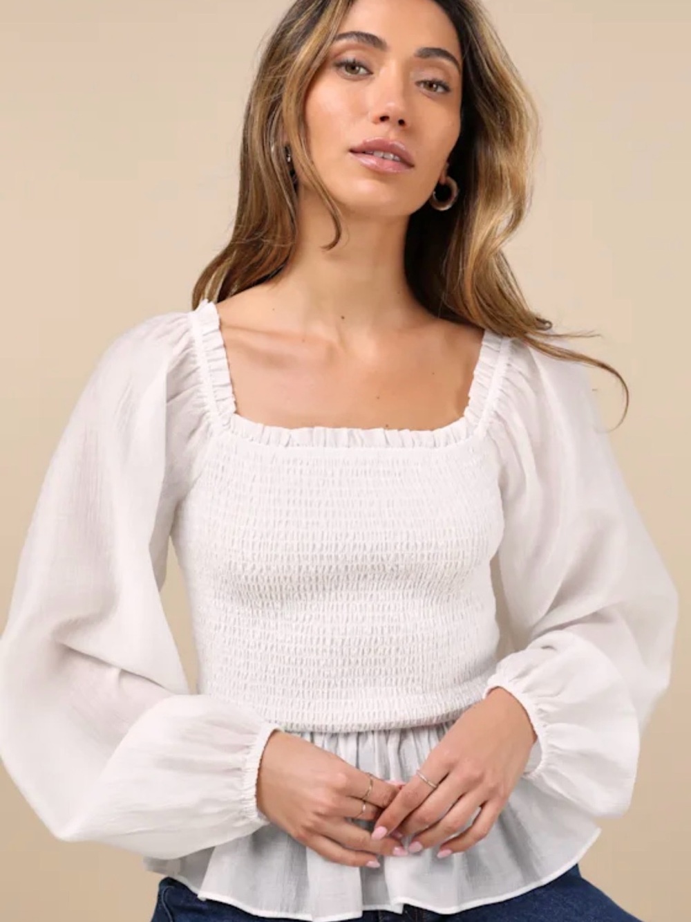 Lulu's White Smocked Square-Neck Peplum Blouse